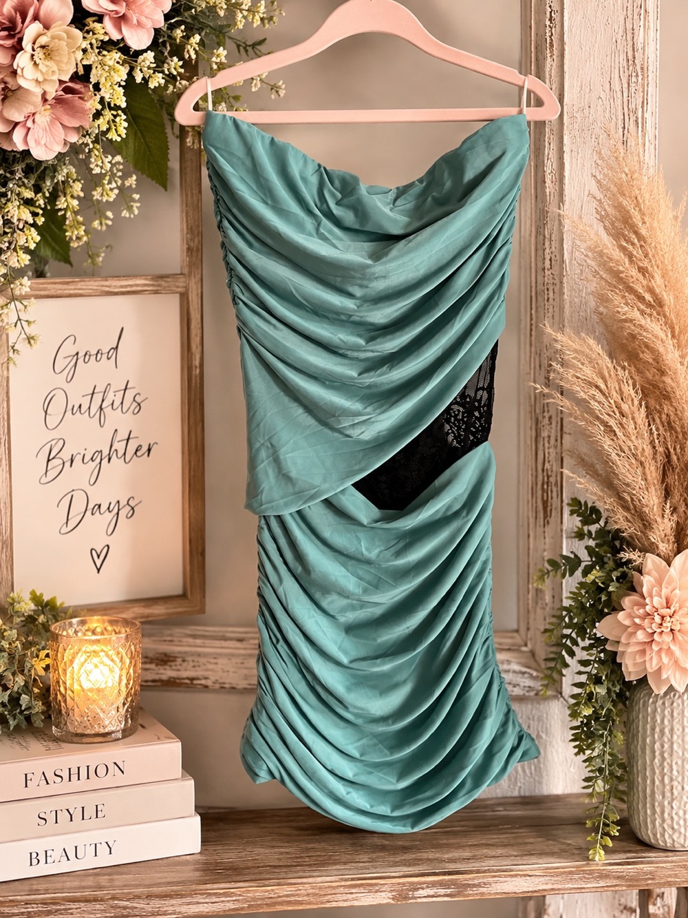 Umgee Teal Strapless Ruched Satin Dress with Black Lace Accent